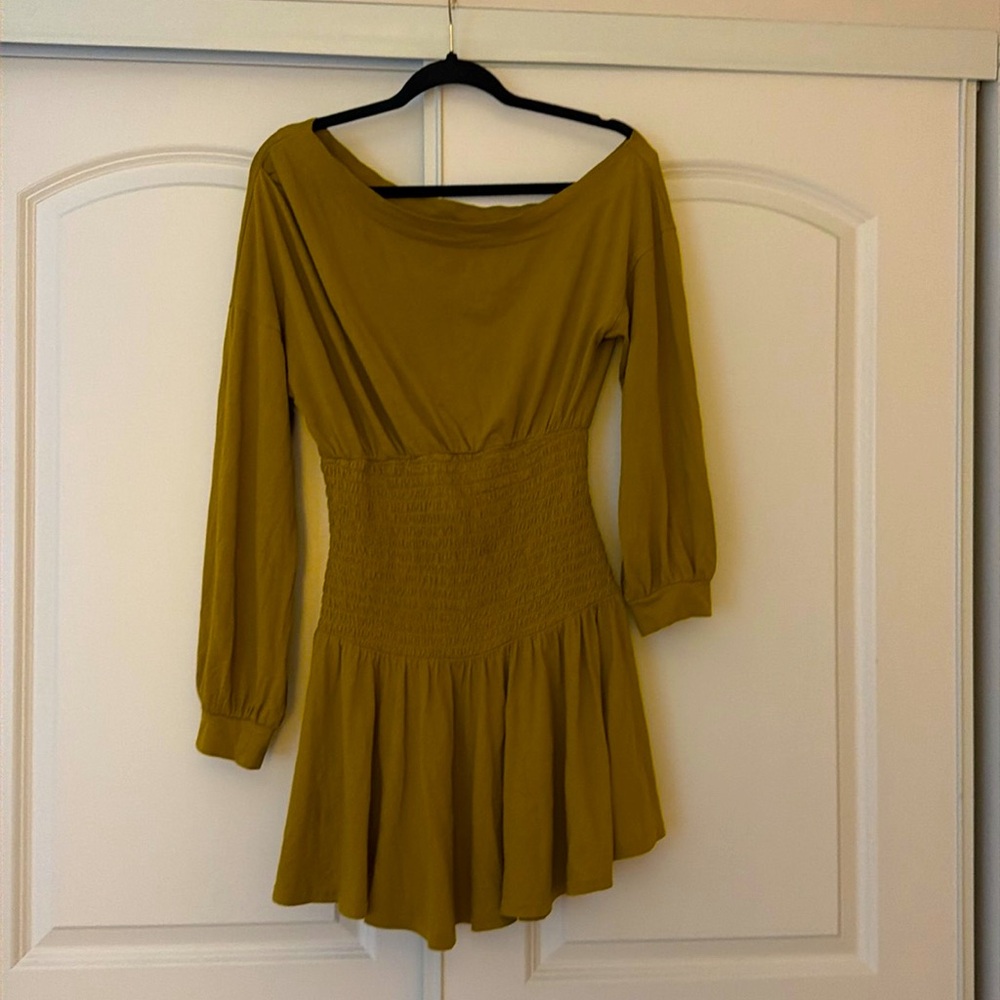 Free People Olive-Honey Off Shoulder Smocked Drop Waist Mini Dress